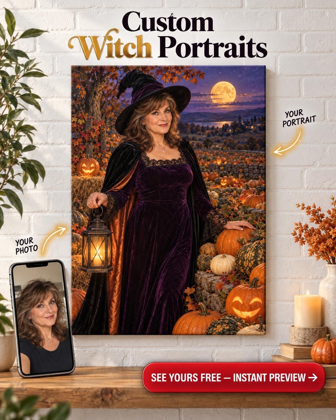 Lantern Witch Custom Portrait from Photo | Personalized Witch Portrait Gift