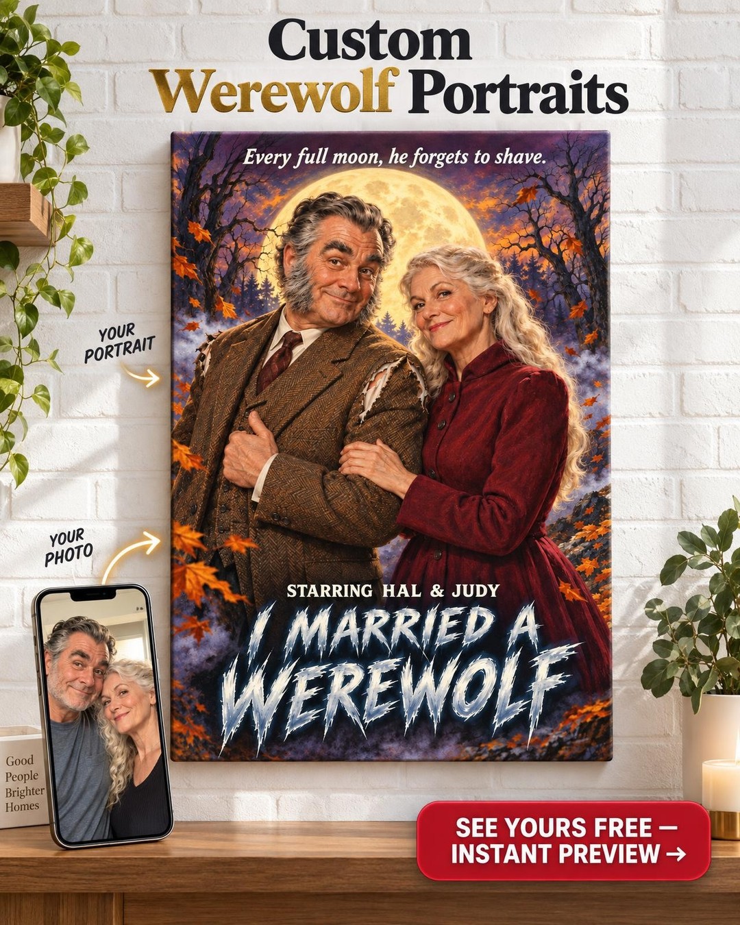 Funny Werewolf Movie Poster Custom Portrait from Photo | Personalized Monster Movie Gift