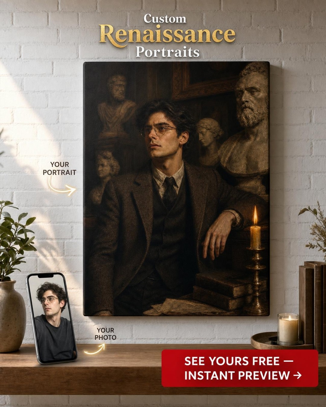 Marble Gallery Dark Academia Custom Portrait from Photo | Personalized Canvas Gift