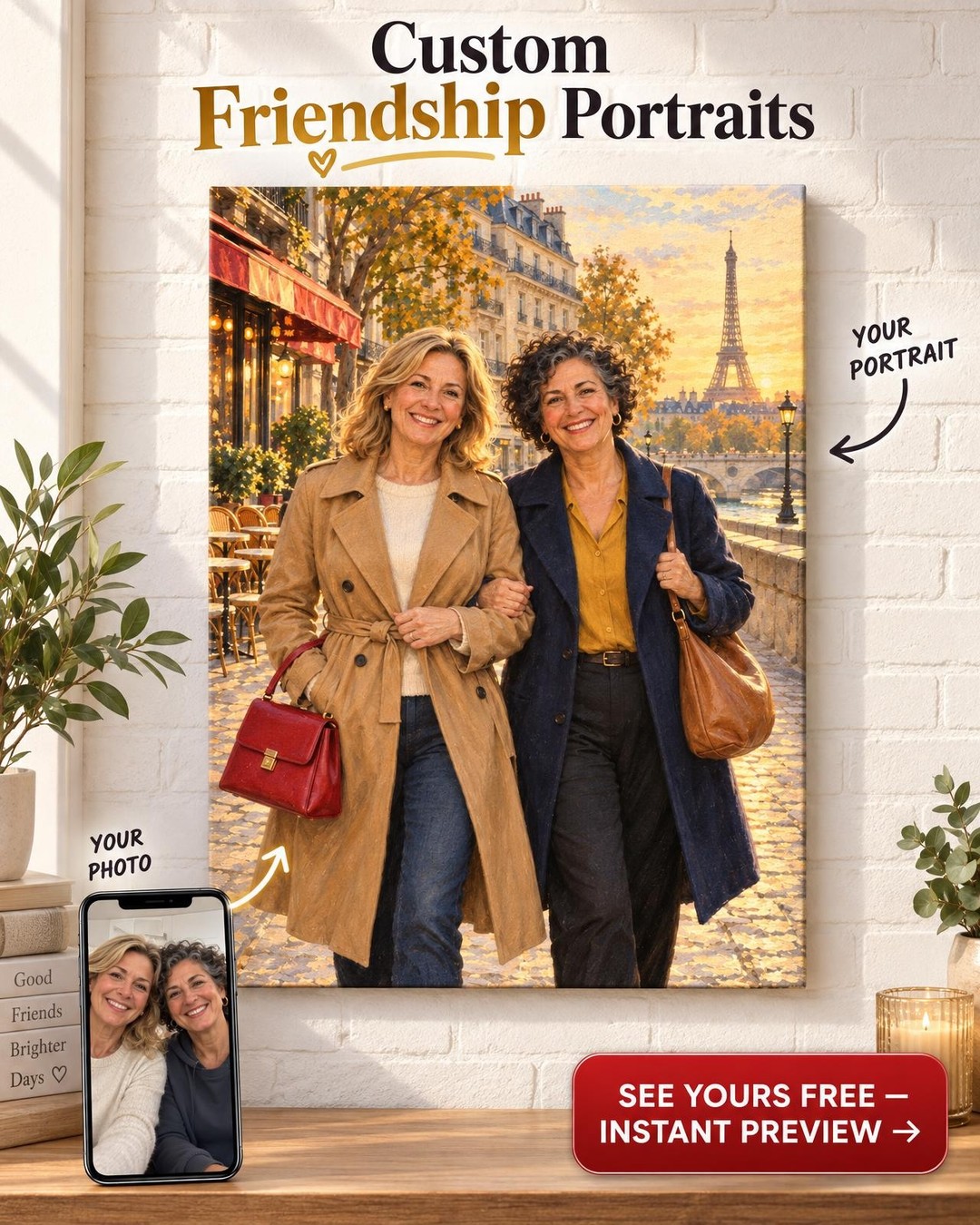 Best Friends in Paris Custom Portrait from Photo | Gift for Best Friend