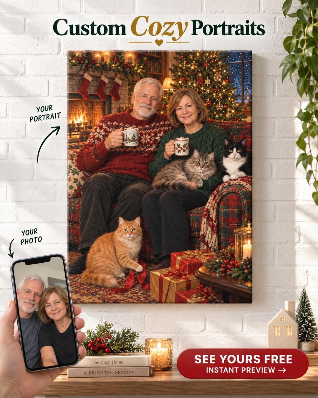Christmas Cat Family Custom Portrait from Photo | Personalized Cat Family Gift