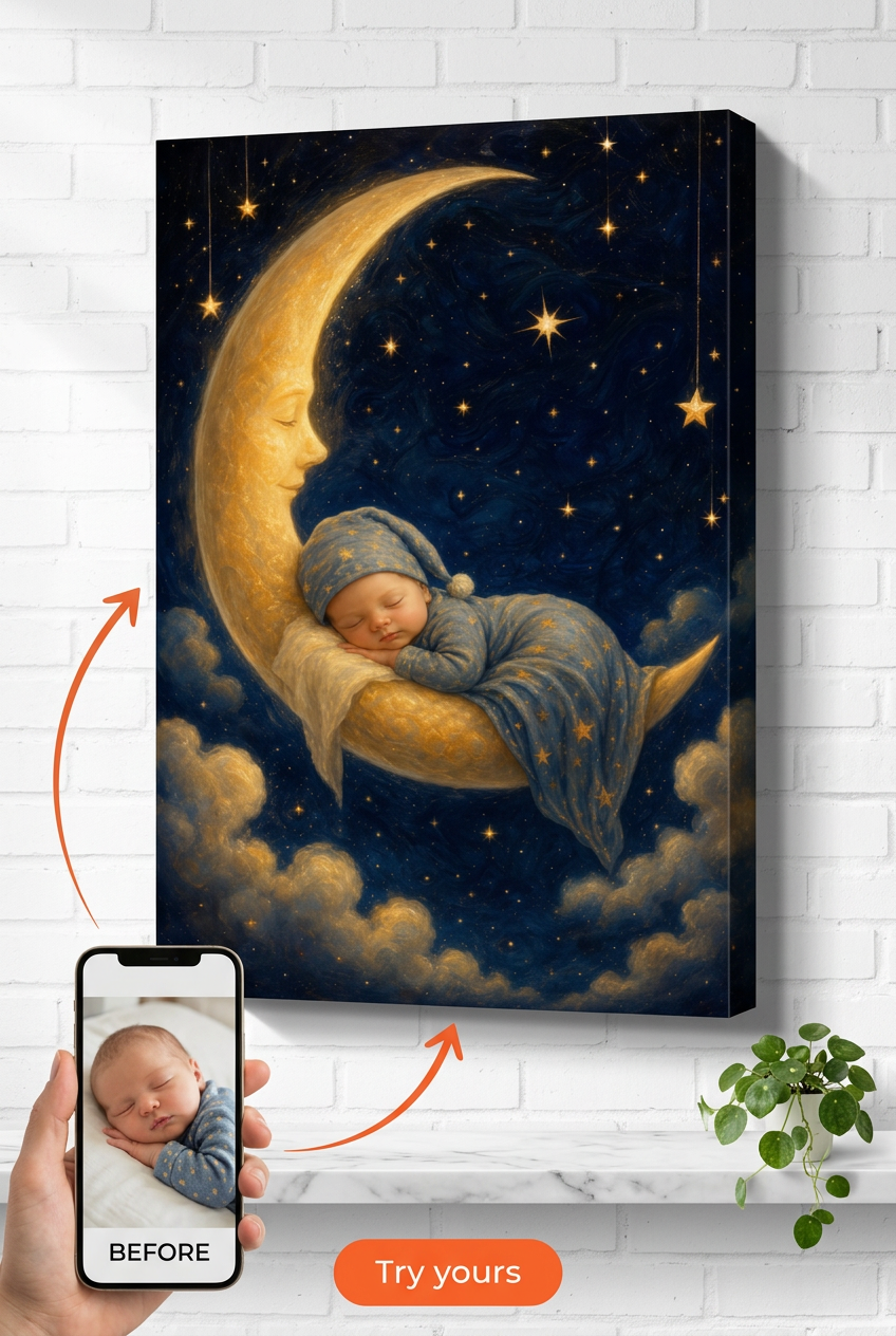 Custom Baby Mother-Child Portrait — Serene Moon & Stars for Boy from Photo