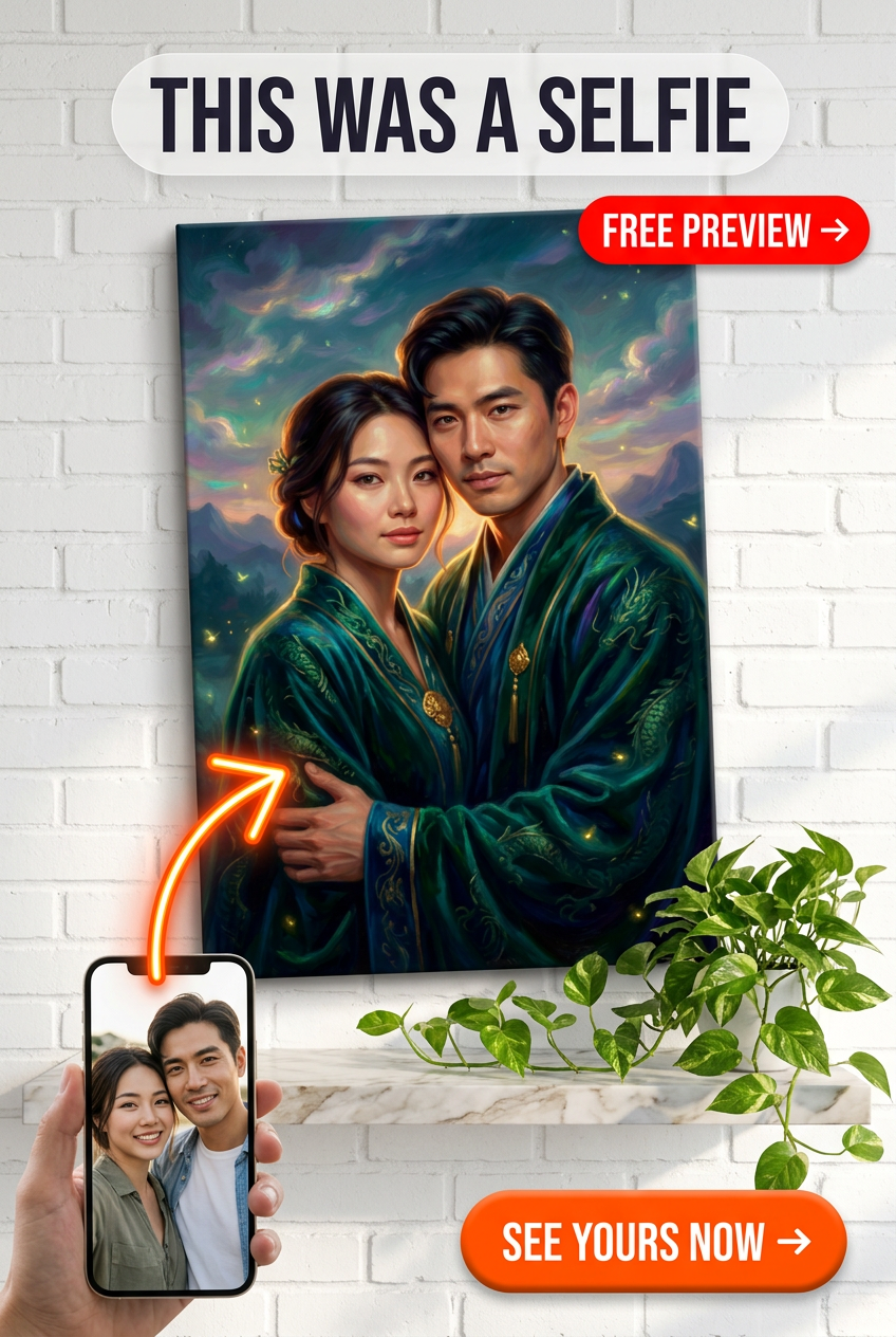 Custom Fantasy Couple Portrait — Romantic Green Robe Canvas