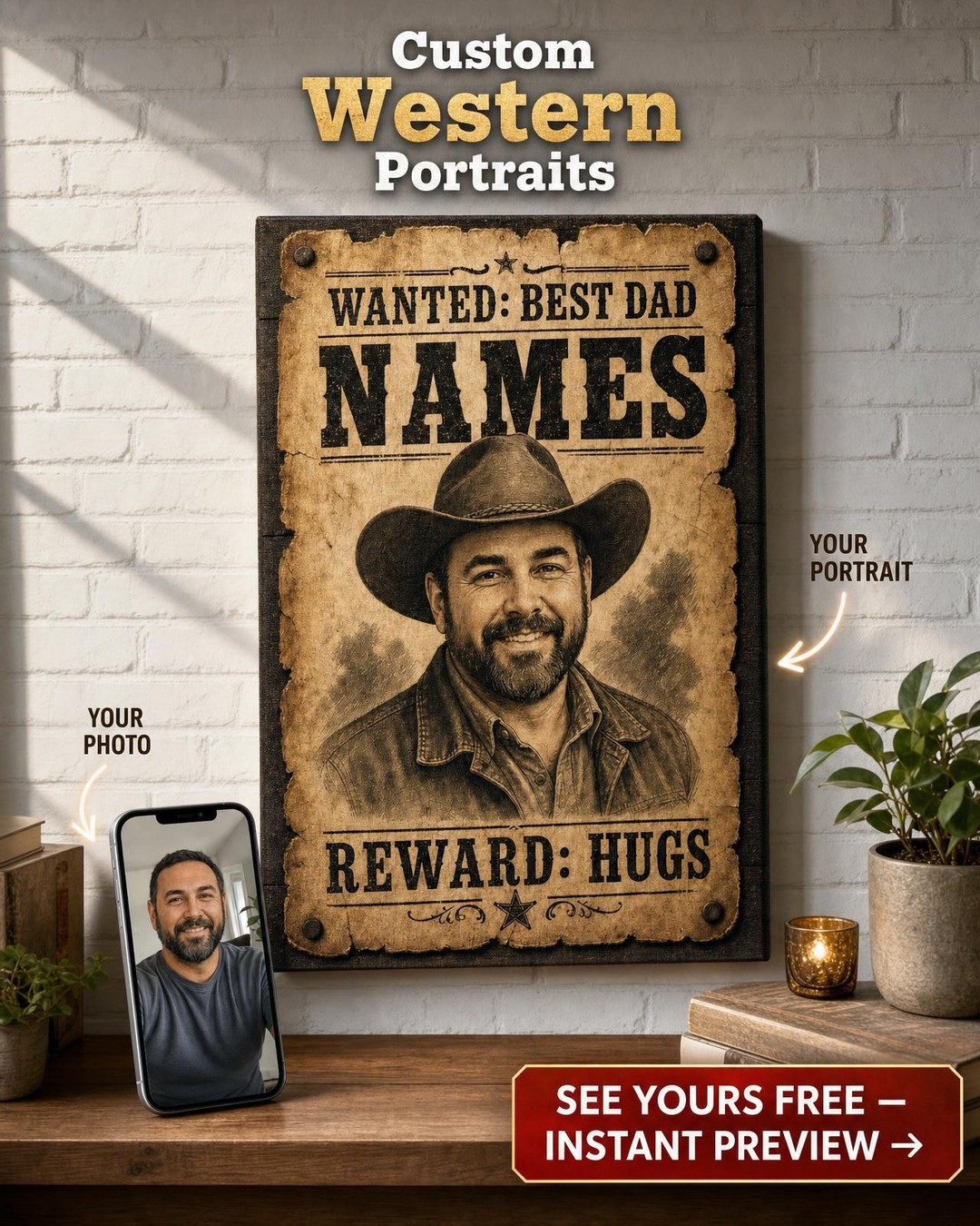 Most Wanted Dad Custom Portrait from Photo | Personalized Canvas Gift