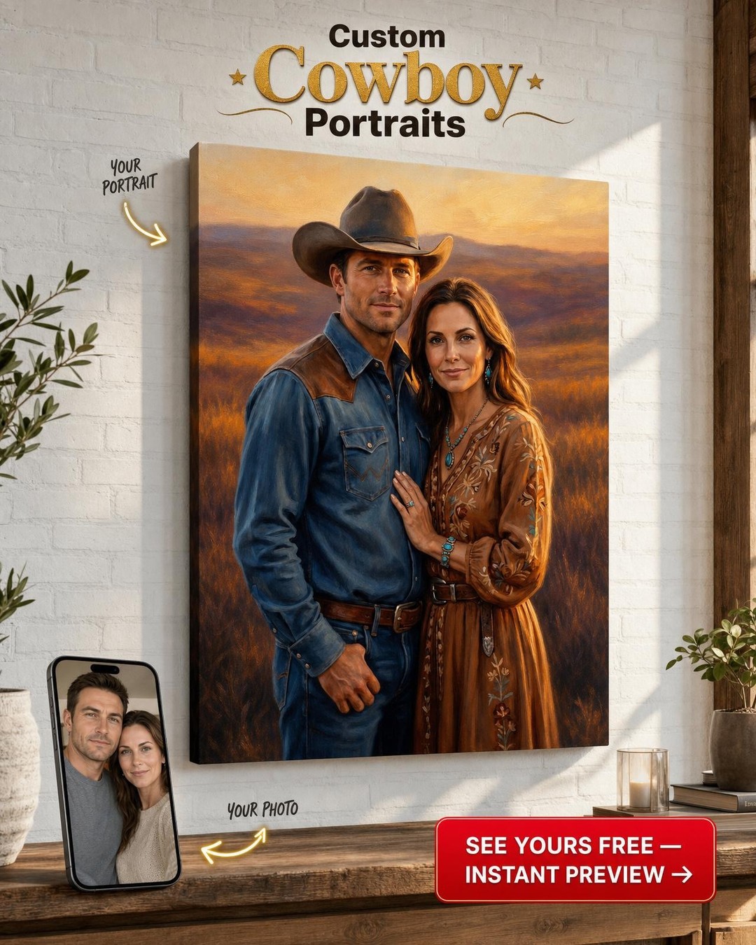 Custom Cowboy Couple Portrait — Western Romance Canvas