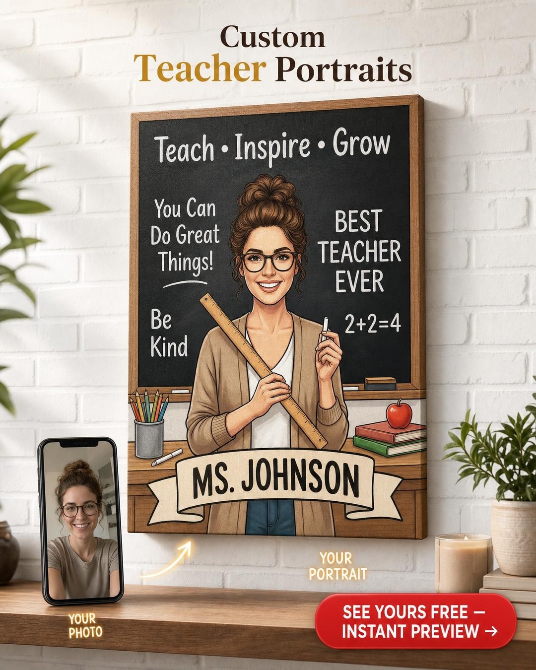 Custom Teacher Chalkboard Portrait Gift