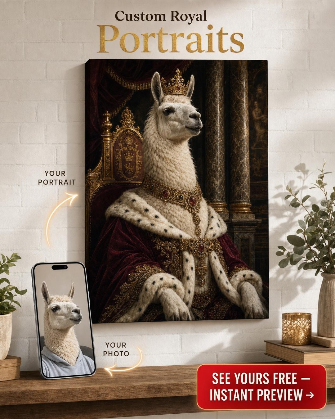 Custom Royal Dog Portrait — Regal Throne Canvas from Photo
