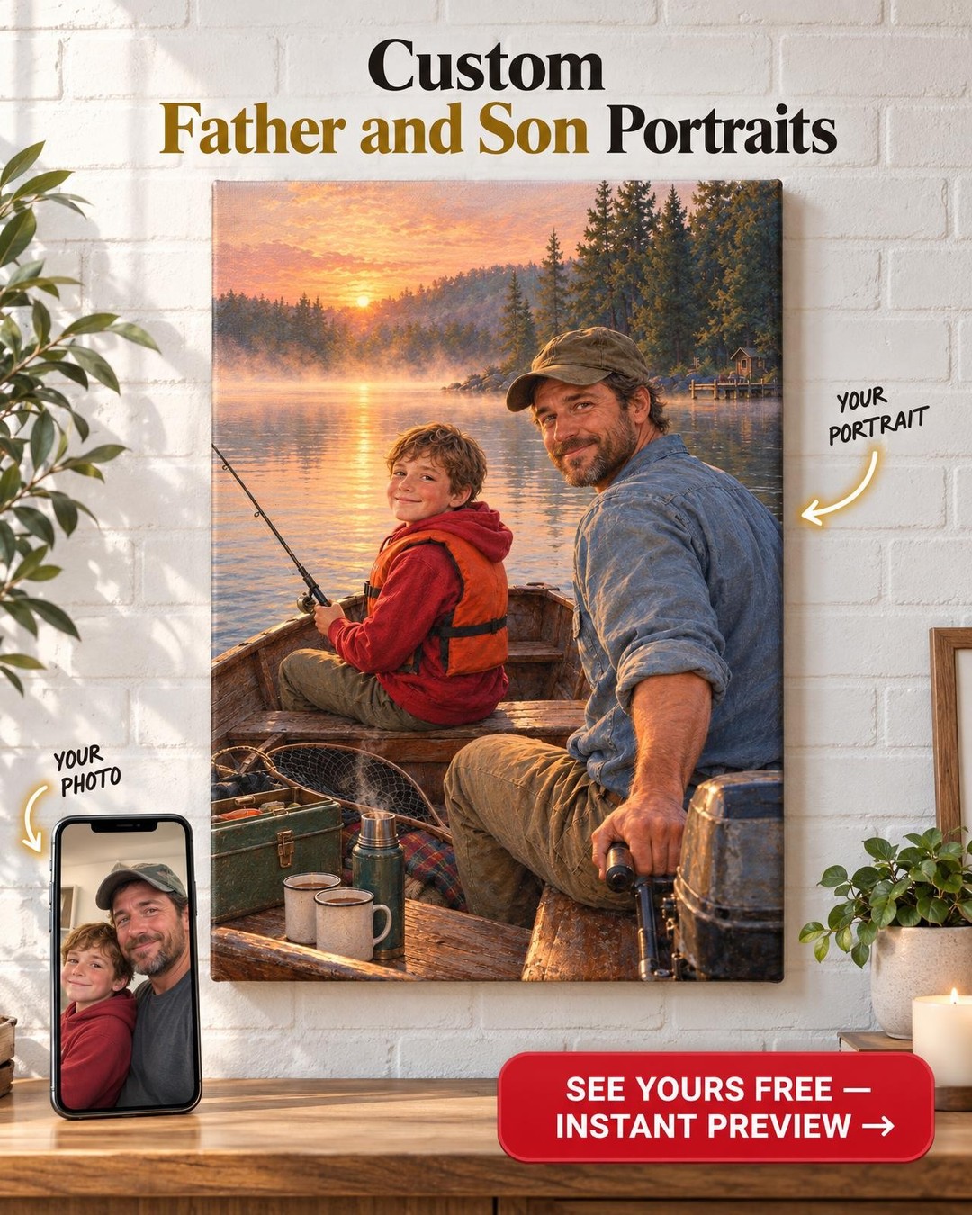 Out on the Boat at Sunrise Custom Portrait from Photo | Personalized Fishing Together Gift