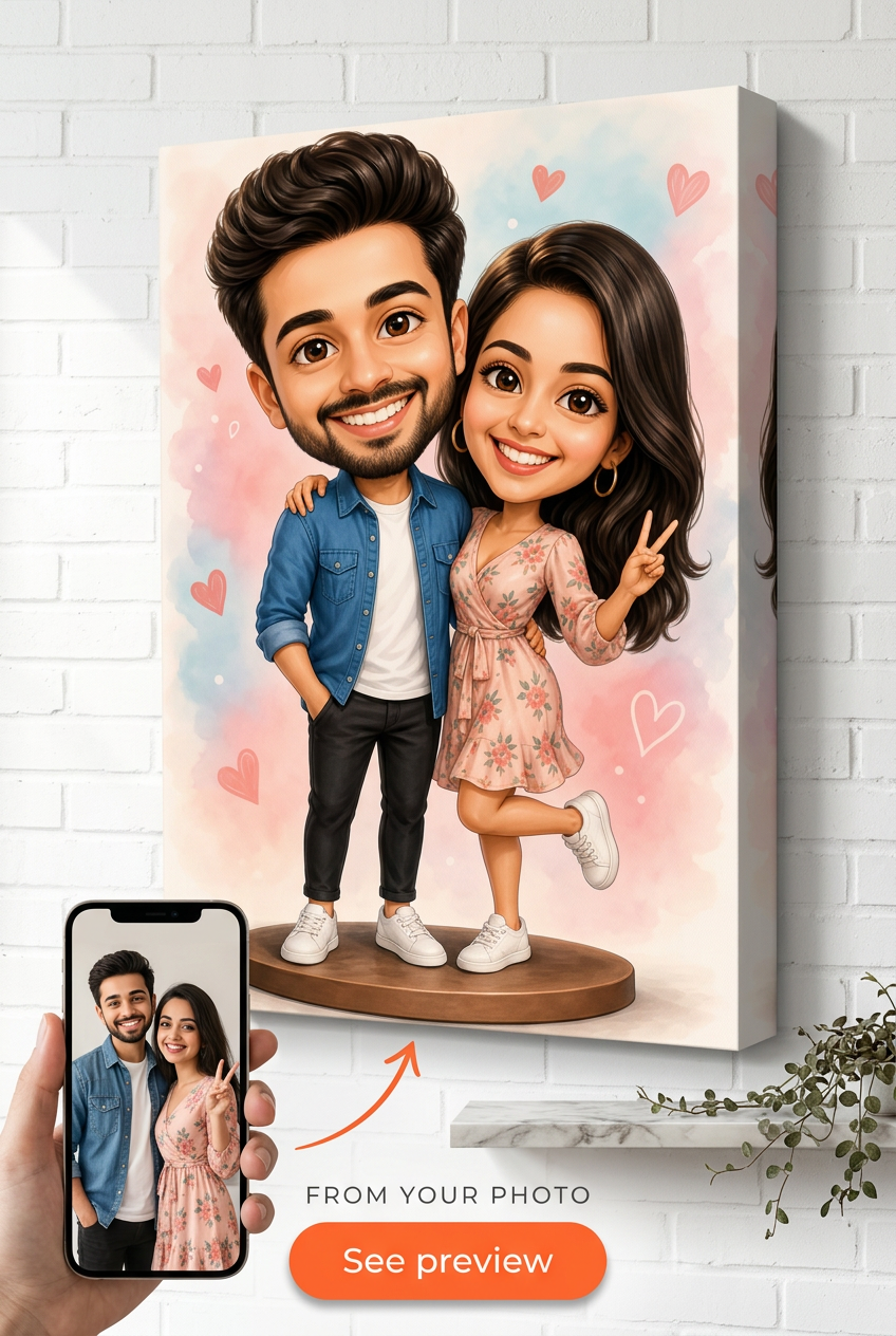 Bobblehead Caricature Couple Custom Portrait from Photo | Personalized Canvas Gift