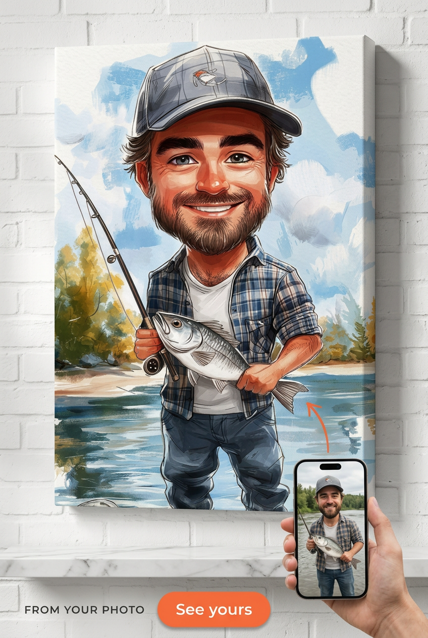 Fishing Cartoon Custom Portrait from Photo | Personalized Gift Canvas