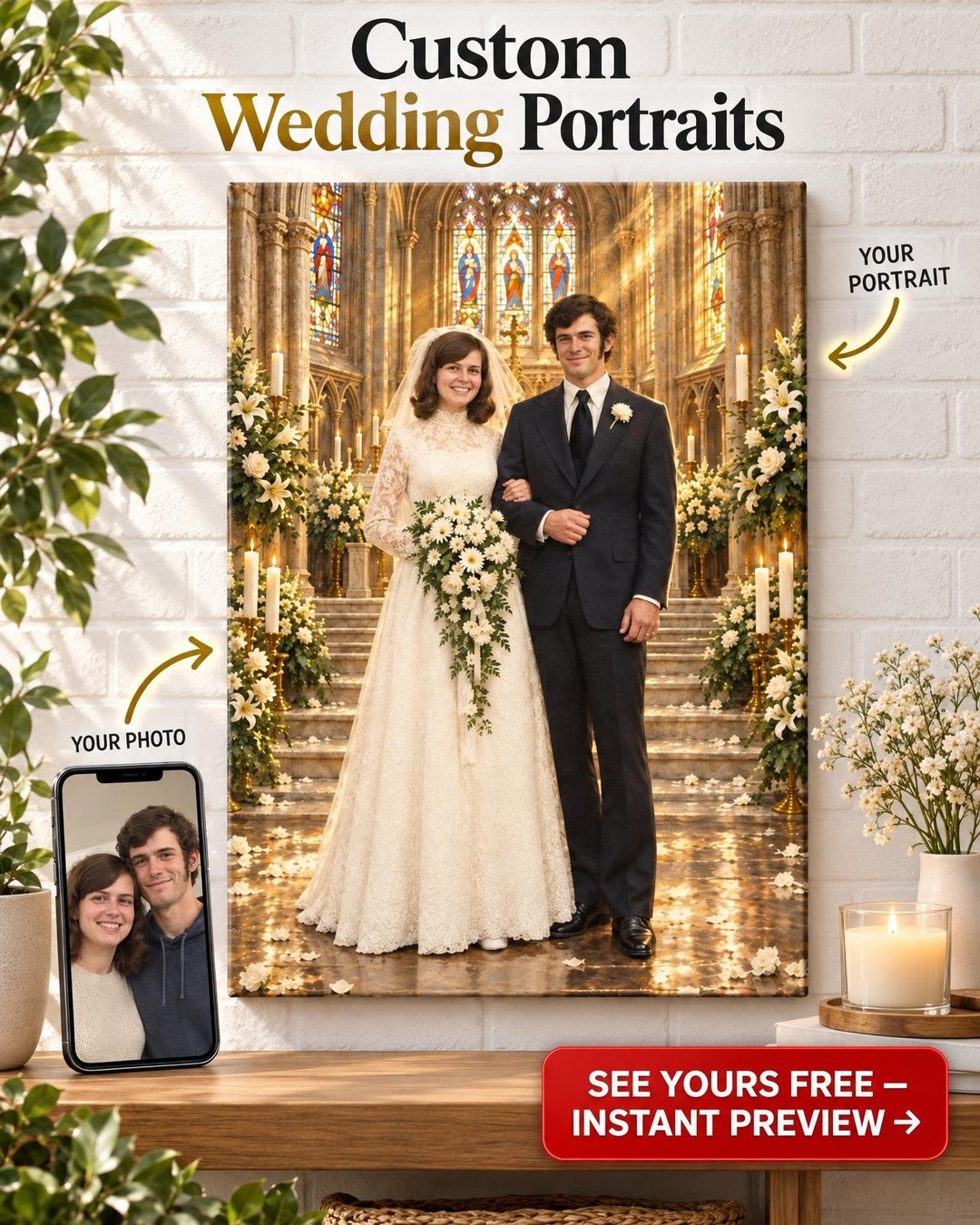Cathedral Wedding Custom Portrait from Photo | Personalized Wedding Memory Gift