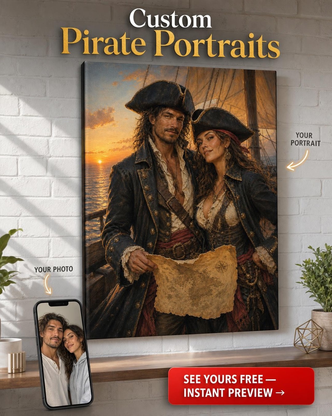 Pirates of the Sunset Sea Custom Portrait from Photo | Personalized Canvas Gift for Couples