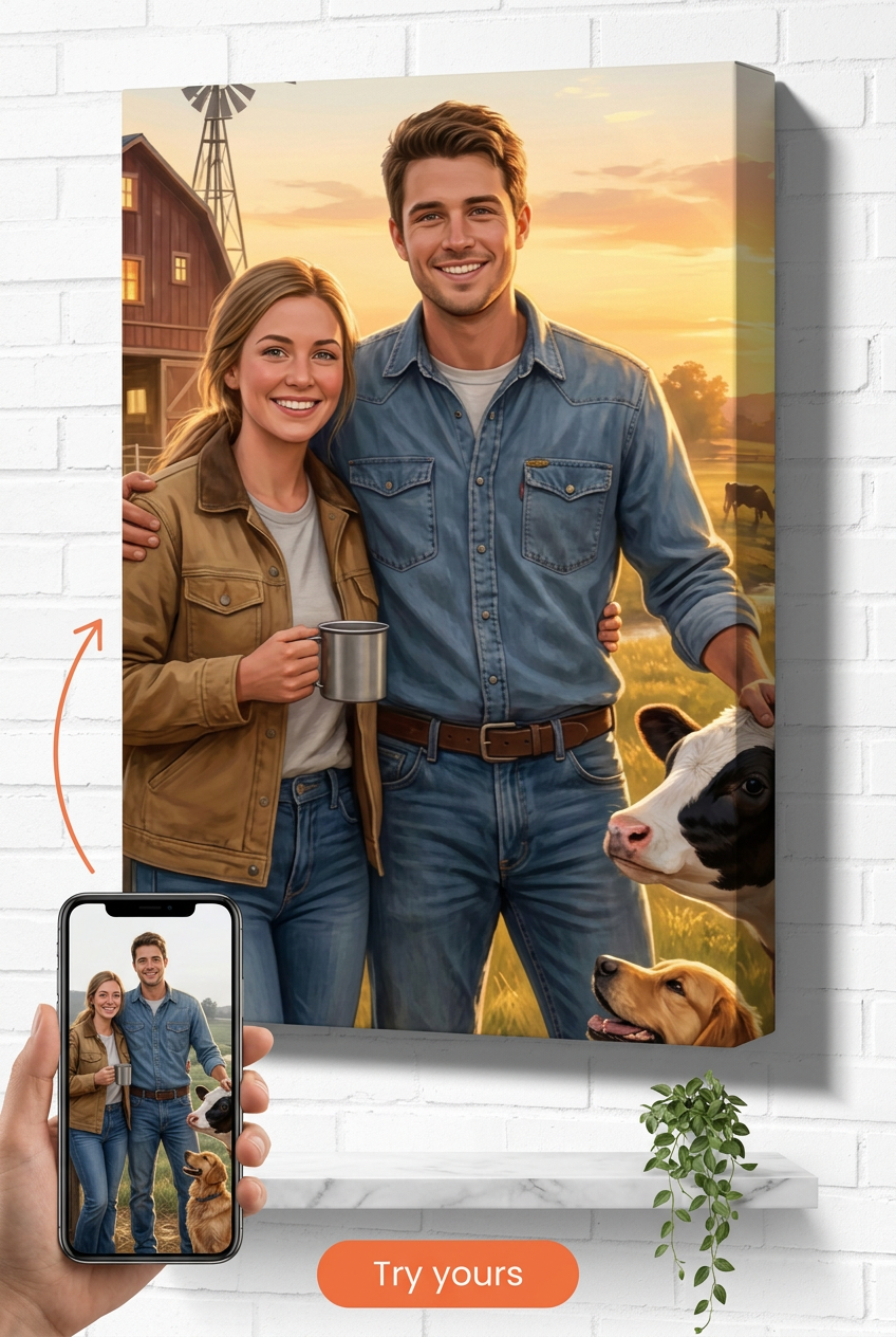 Custom Cowboy Couple Portrait — Whimsical Farm Canvas from Photo