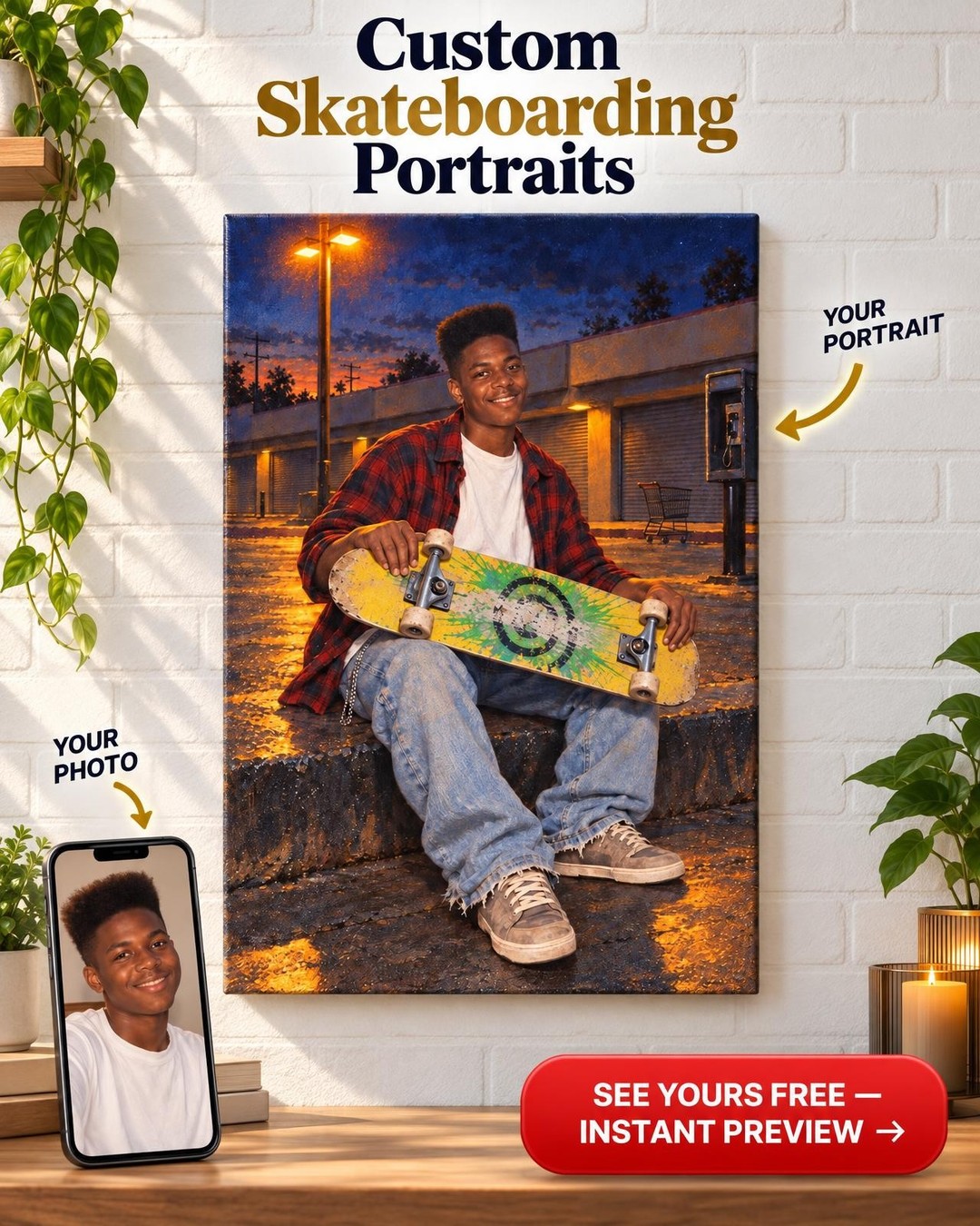 Strip-Mall Curb Skater Custom Portrait from Photo | Personalized Skateboarding Gift