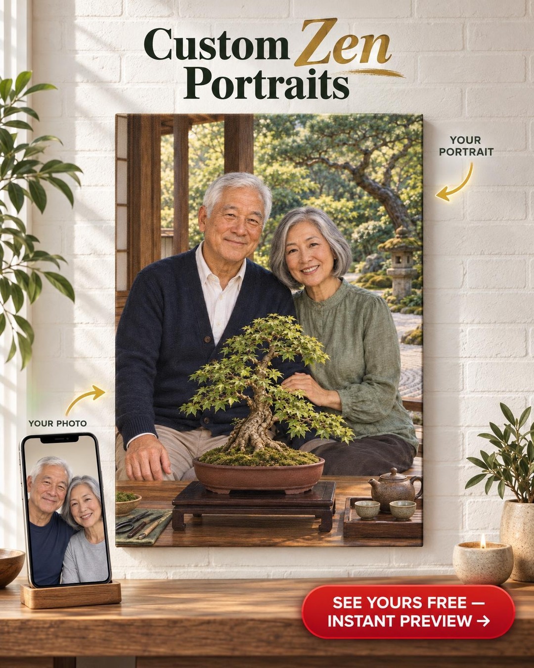 Garden Pavilion Bonsai Couple Custom Portrait from Photo | Personalized Bonsai Portrait Gift