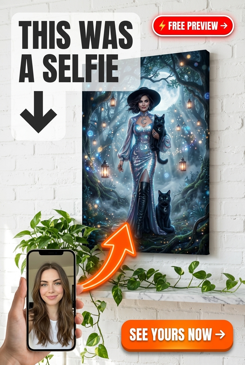 Custom Fantasy Woman Portrait — Whimsical Cat & Moonlight Canvas