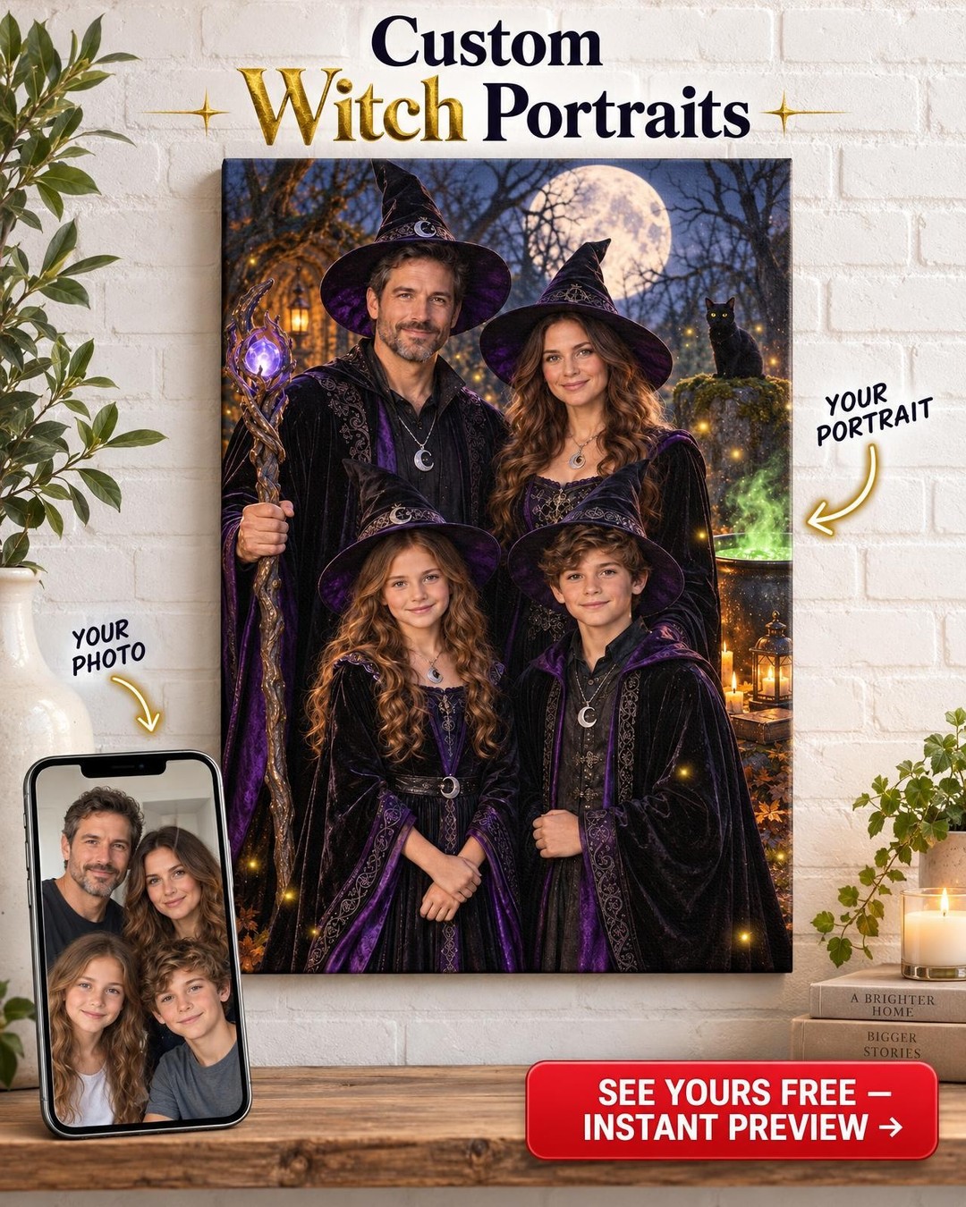 Moonlit Forest Witch Custom Portrait from Photo | Personalized Gift