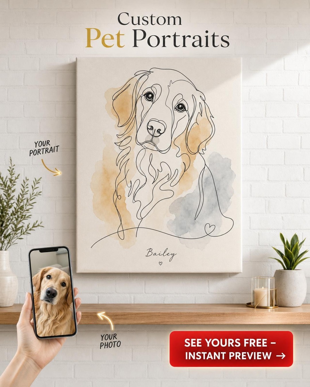 Minimalist Line Art Pet Canvas — AI-regenerated portrait, fresh per order