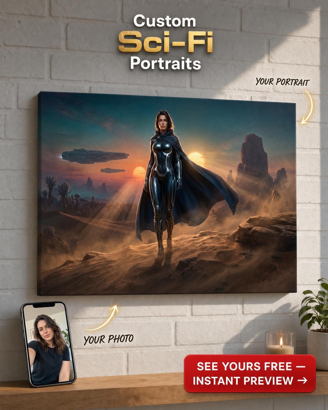 Custom Sci-Fi Woman Portrait — Heroic Space Suit Canvas from Photo