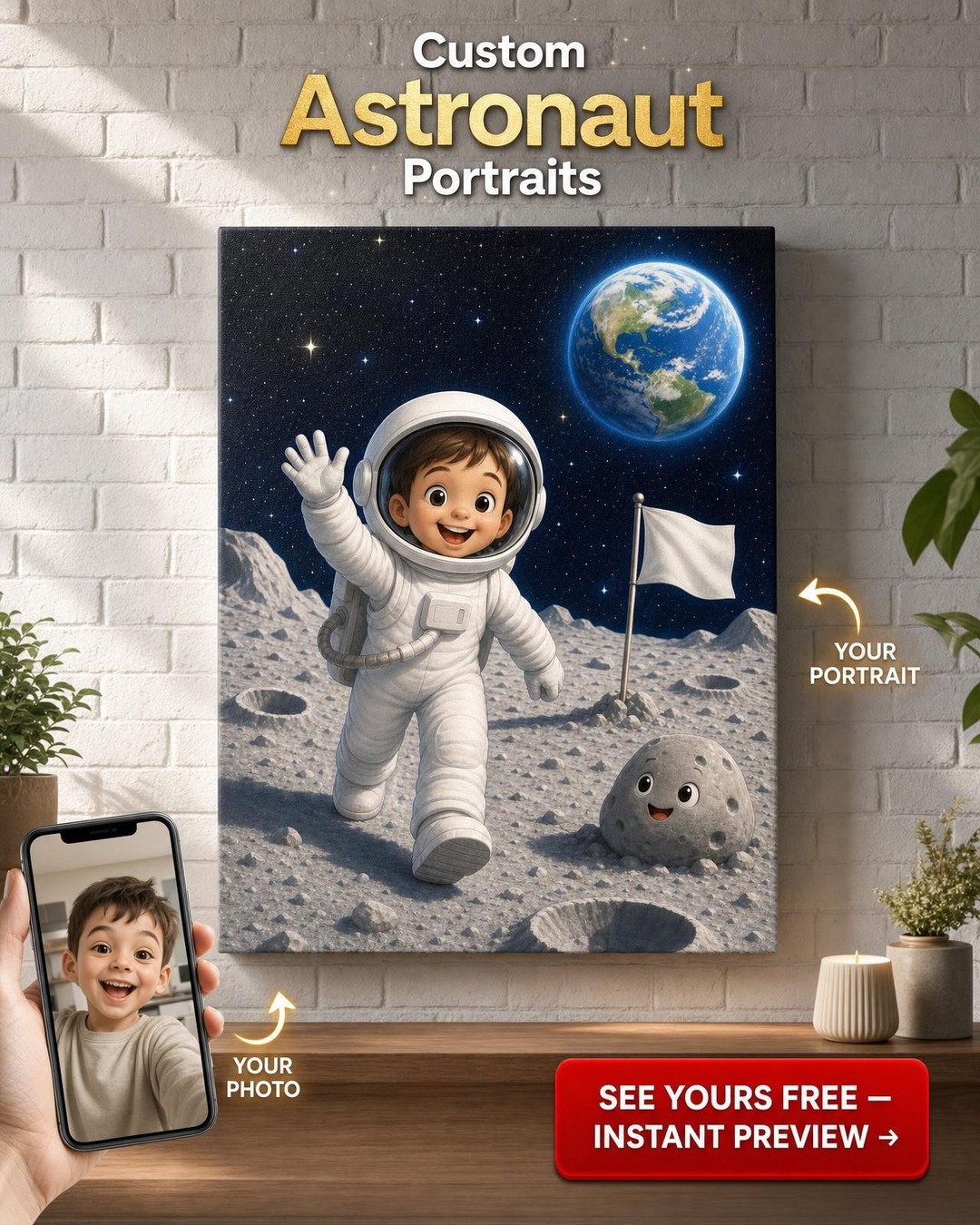 Moon Explorer Astronaut Custom Portrait from Photo | Personalized Canvas Gift