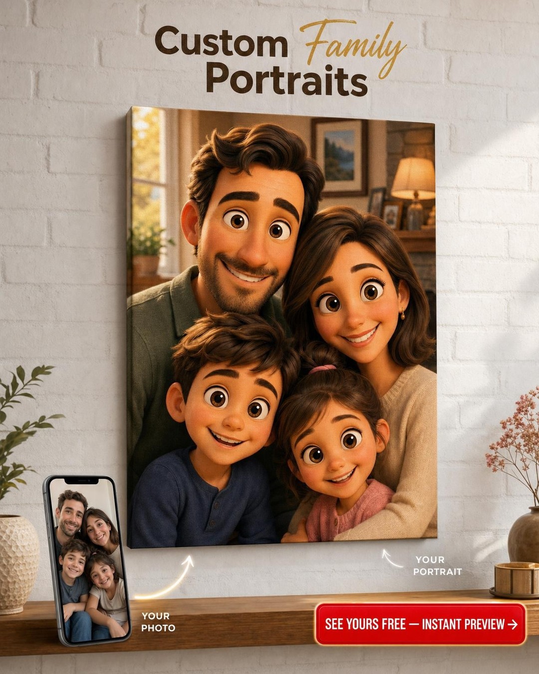 Custom PixarFamily Portrait — Whimsical Family Canvas from Photo