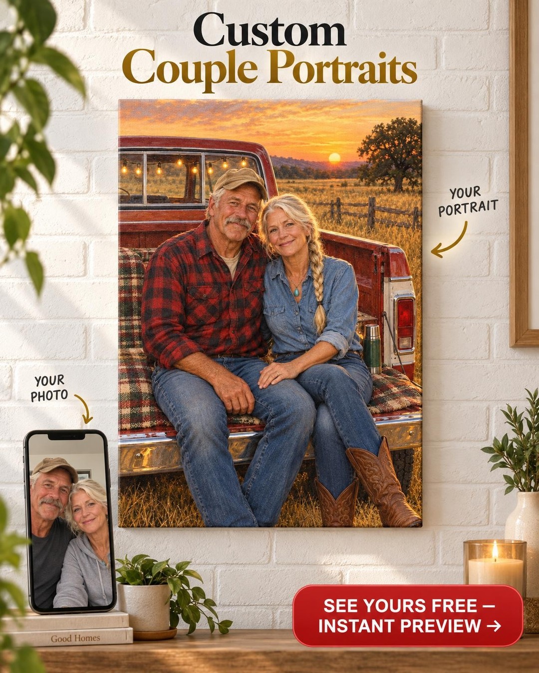 Tailgate Sunset Couple Custom Portrait from Photo | Personalized Classic Car Gift