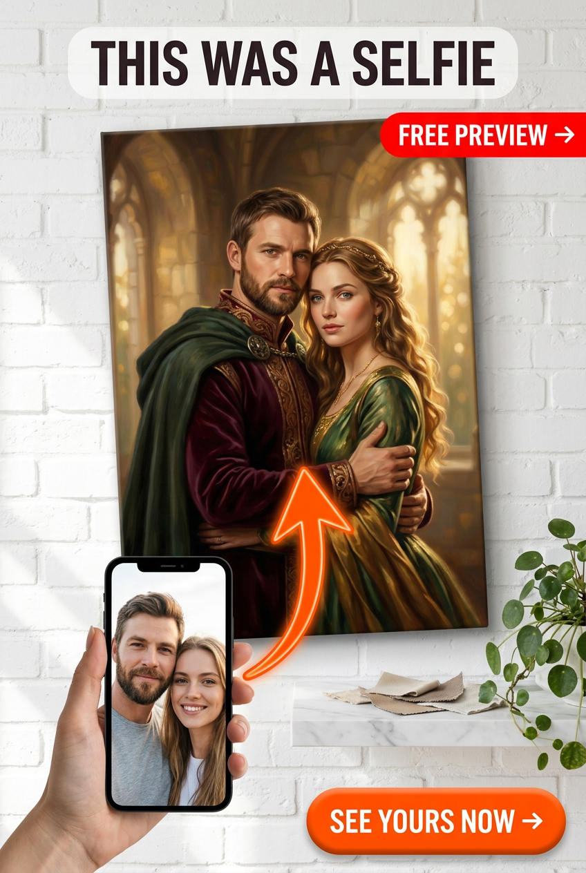 Custom Medieval Couple Portrait — Romantic Castle Canvas from Photo