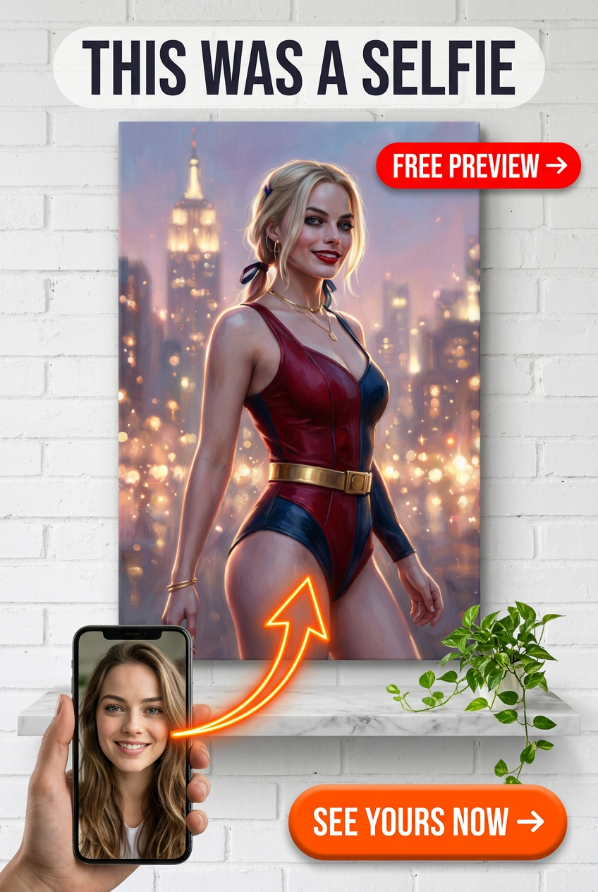 Custom Superhero Woman Portrait — Whimsical City Skyline Canvas