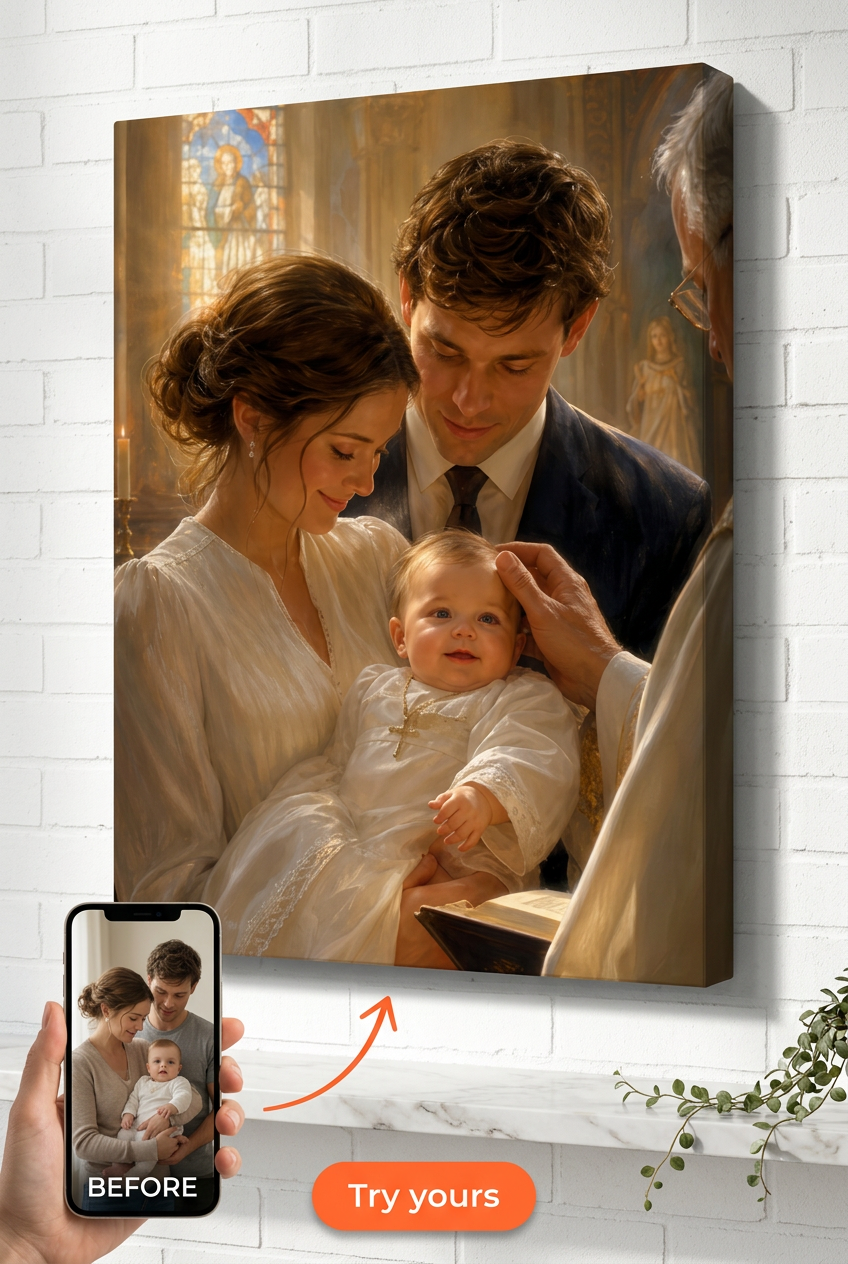 Custom Religious Mother-Child Portrait — Serene Baptism Canvas from Photo