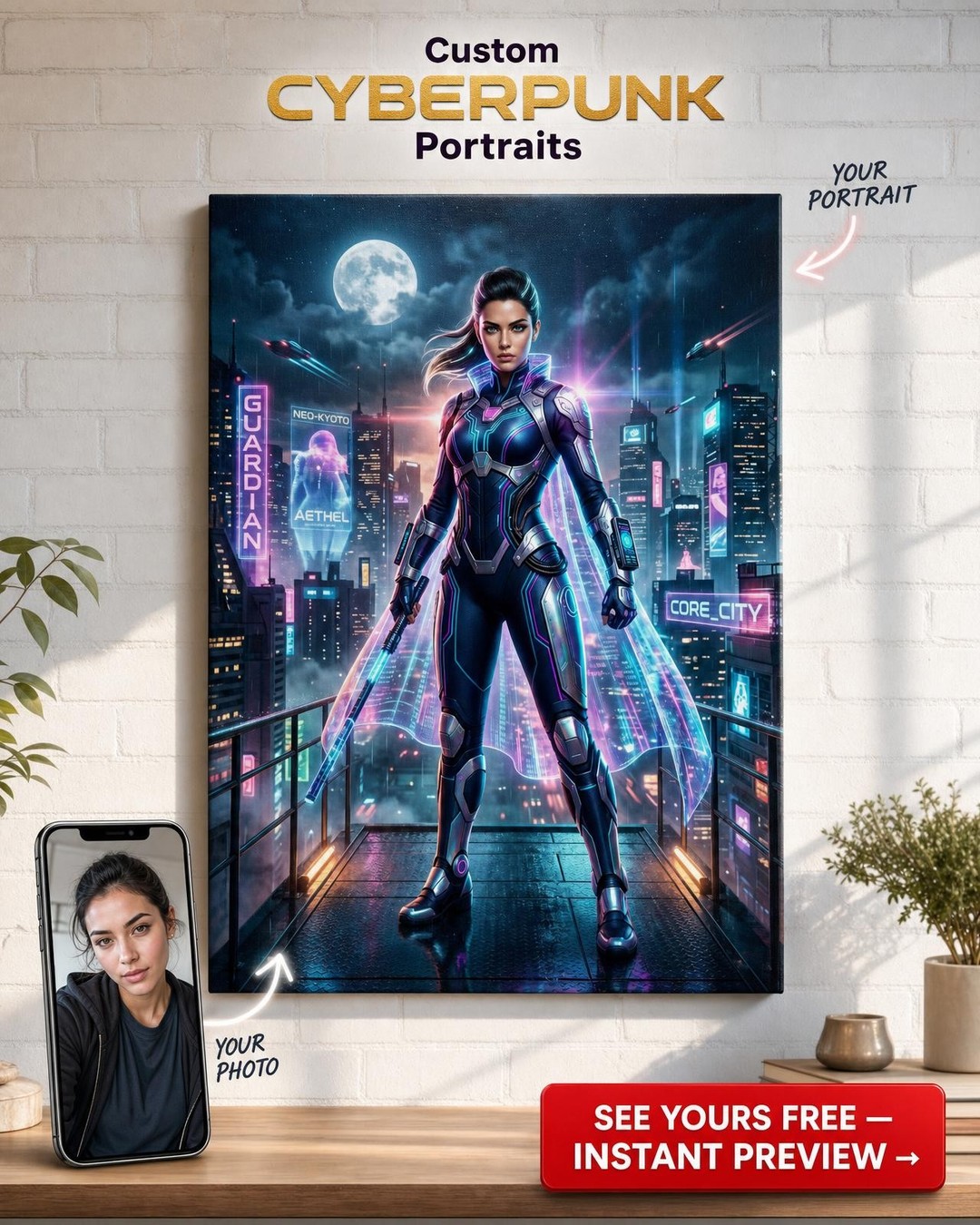 Custom Cyberpunk Man Portrait — Heroic Neon Warrior Canvas