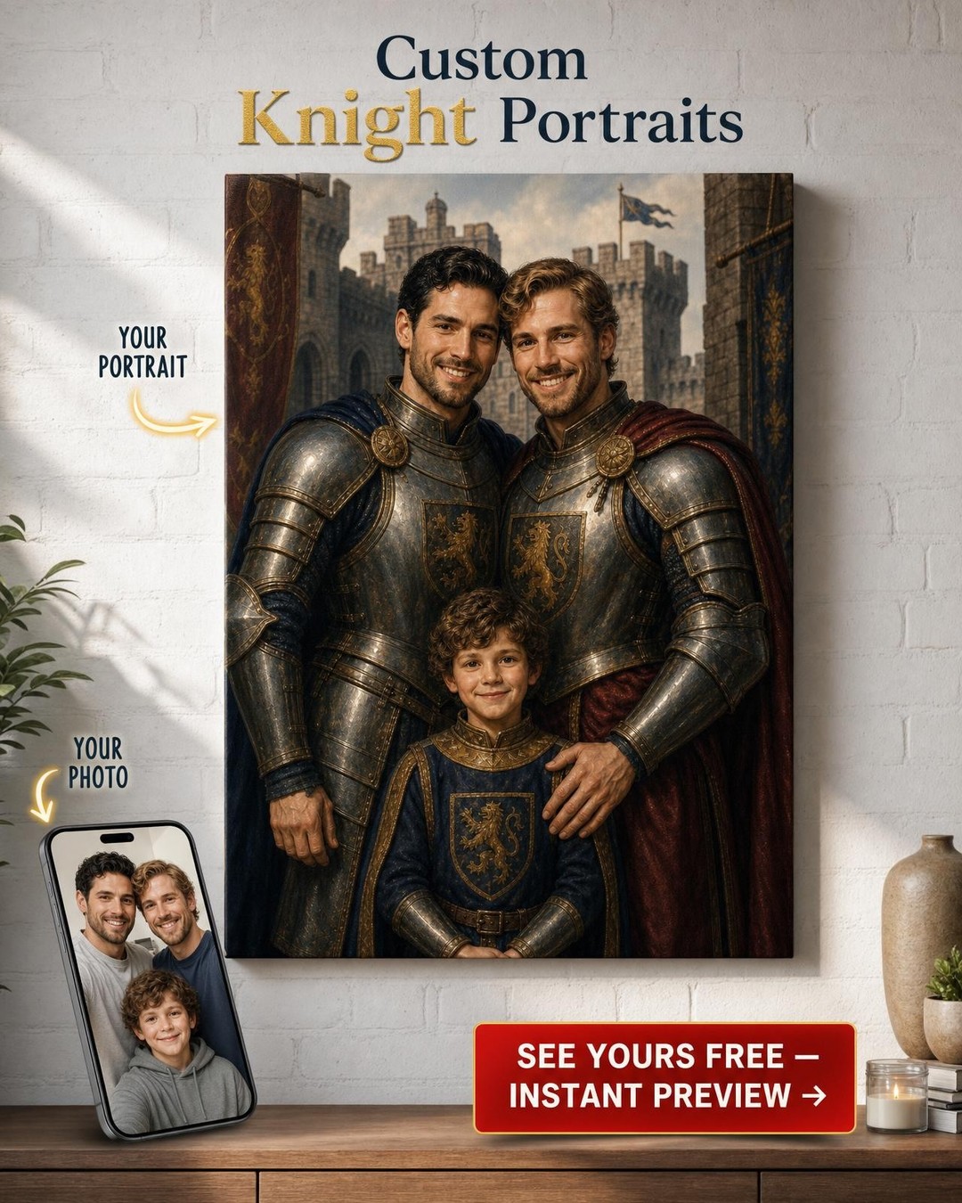 Custom Knight Family Portrait — Heroic Armor & Castle Canvas