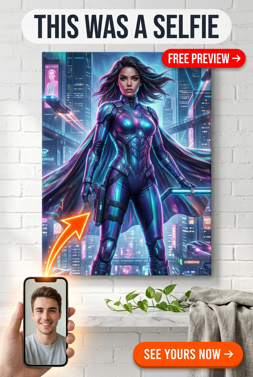 Custom Cyberpunk Woman Portrait — Heroic Neon Canvas from Photo