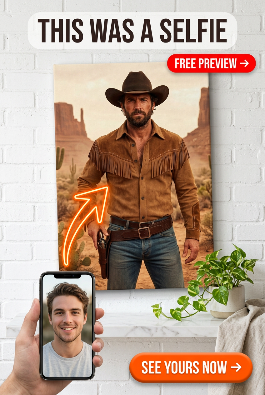 Custom Cowboy Man Portrait — Heroic Western Canvas from Photo