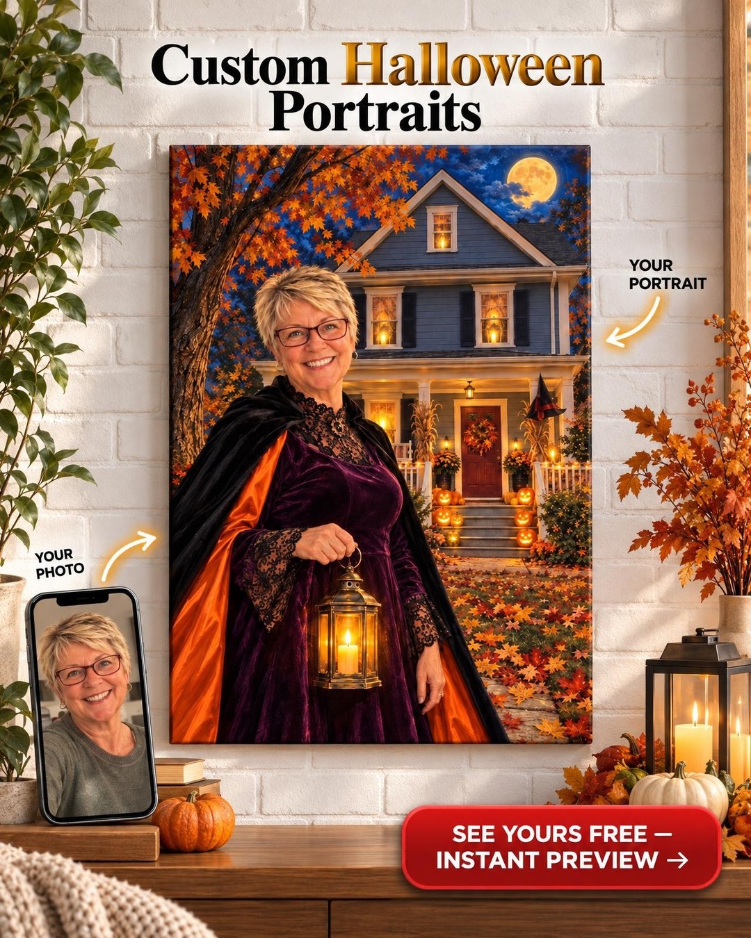 Her Halloween House Custom Portrait from Photo | Personalized Witch Portrait Gift