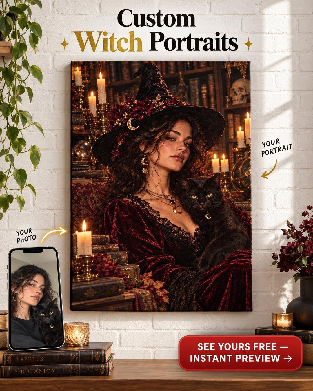 Elegant Witch and Black Cat Custom Portrait from Photo | Personalized Witch Portrait Gift