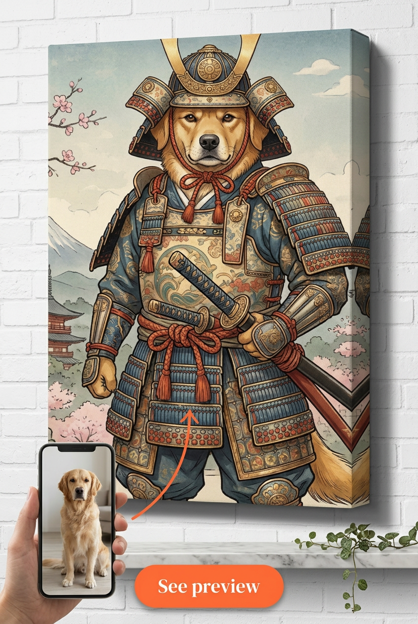 Custom Samurai Dog Portrait — Heroic Pet Canvas Art