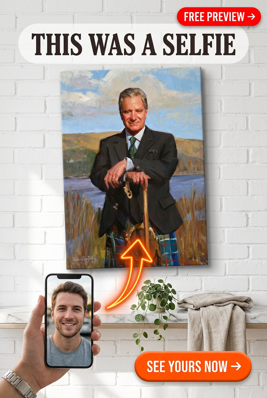 Custom Scottish Man Portrait — Regal Suit & Cane Canvas