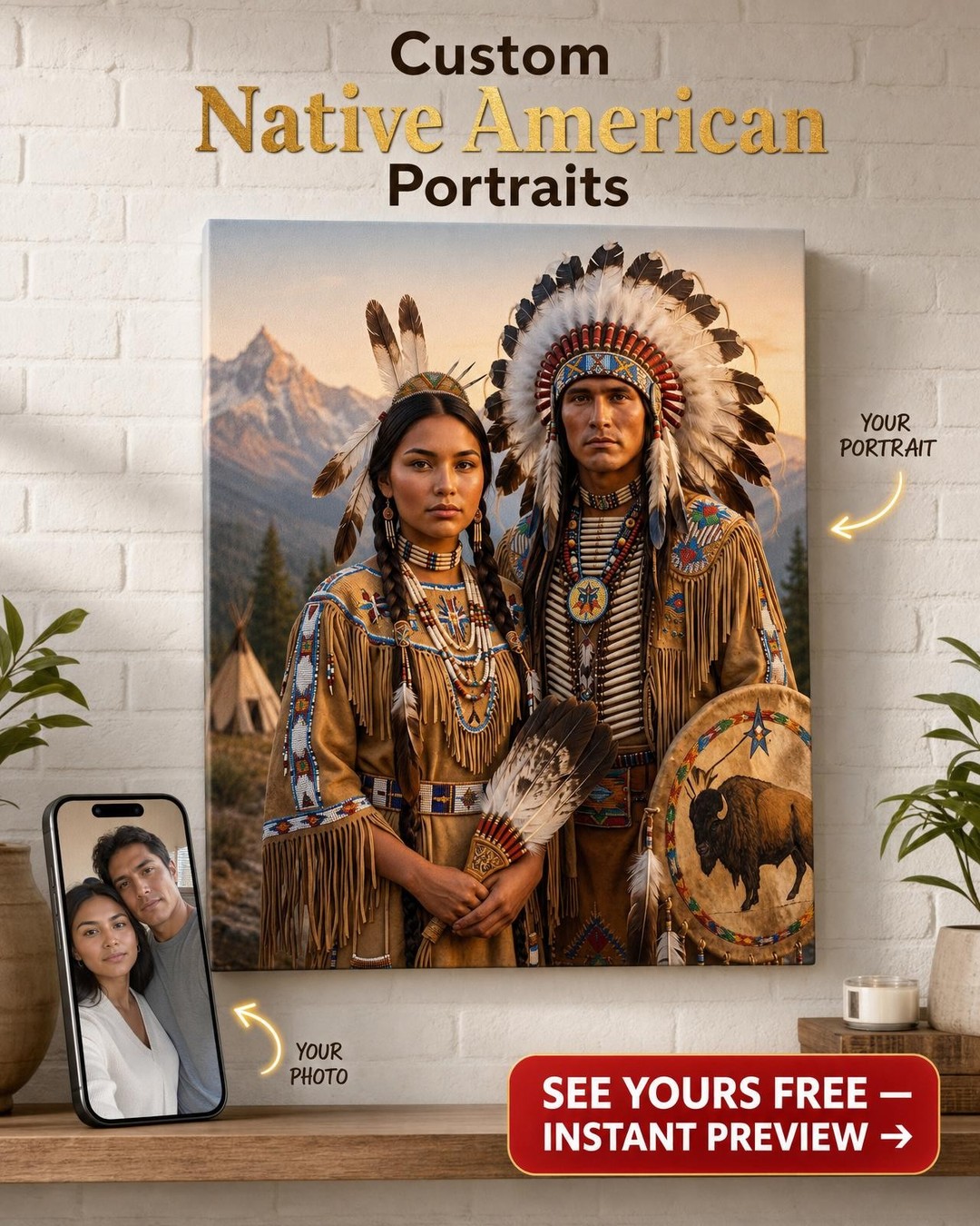 Indigenous North American Costume Custom Portrait from Photo | Personalized Canvas Gift