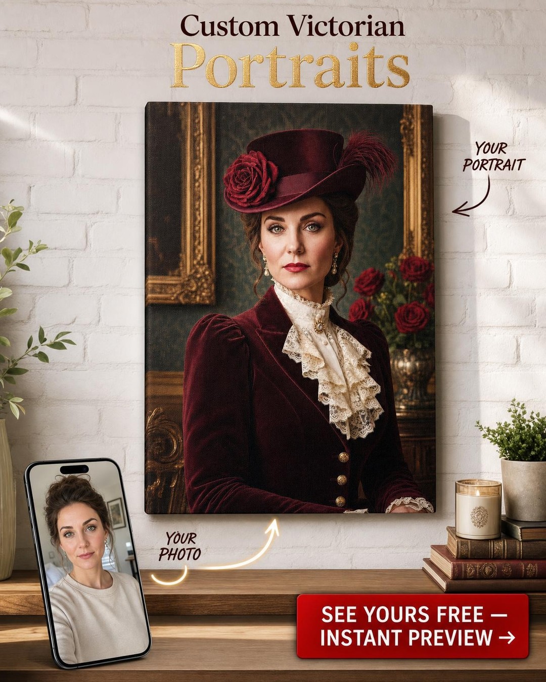 Victorian Rose Hat Custom Portrait from Photo | Personalized Gift