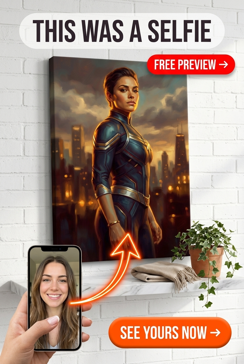 Custom Superhero Woman Portrait — Heroic City Skyline Canvas