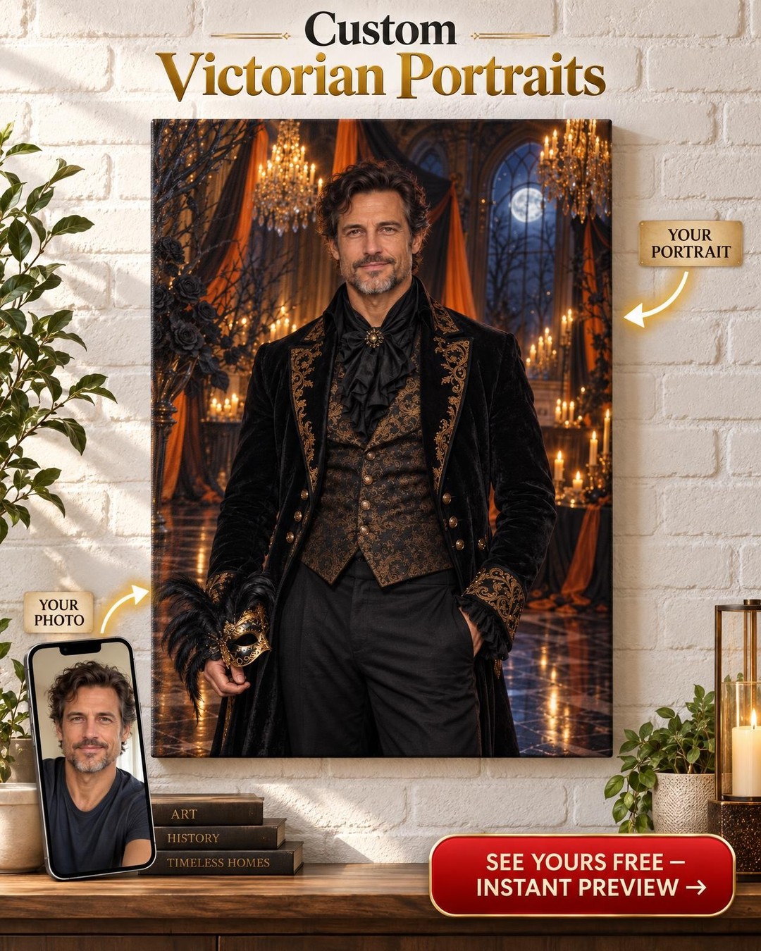 Gothic Masquerade Ball Custom Portrait from Photo | Personalized For Him Gift