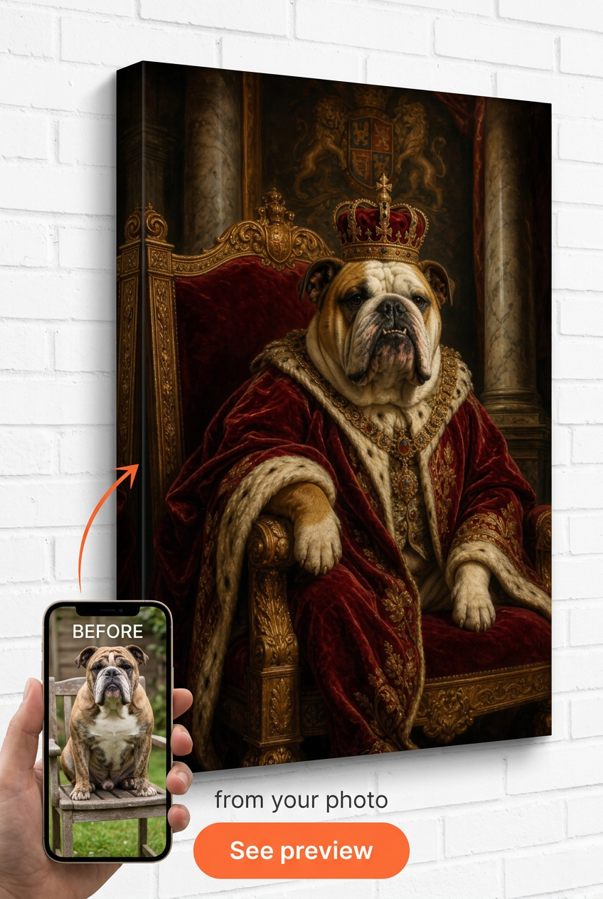 Custom Royal Dog Portrait — Heroic Throne Canvas from Photo