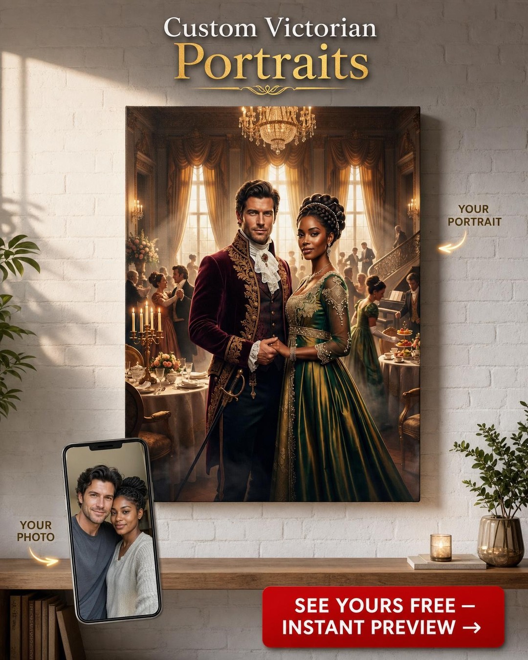 Custom Royal Couple Portrait — Regal Throne Canvas from Photo