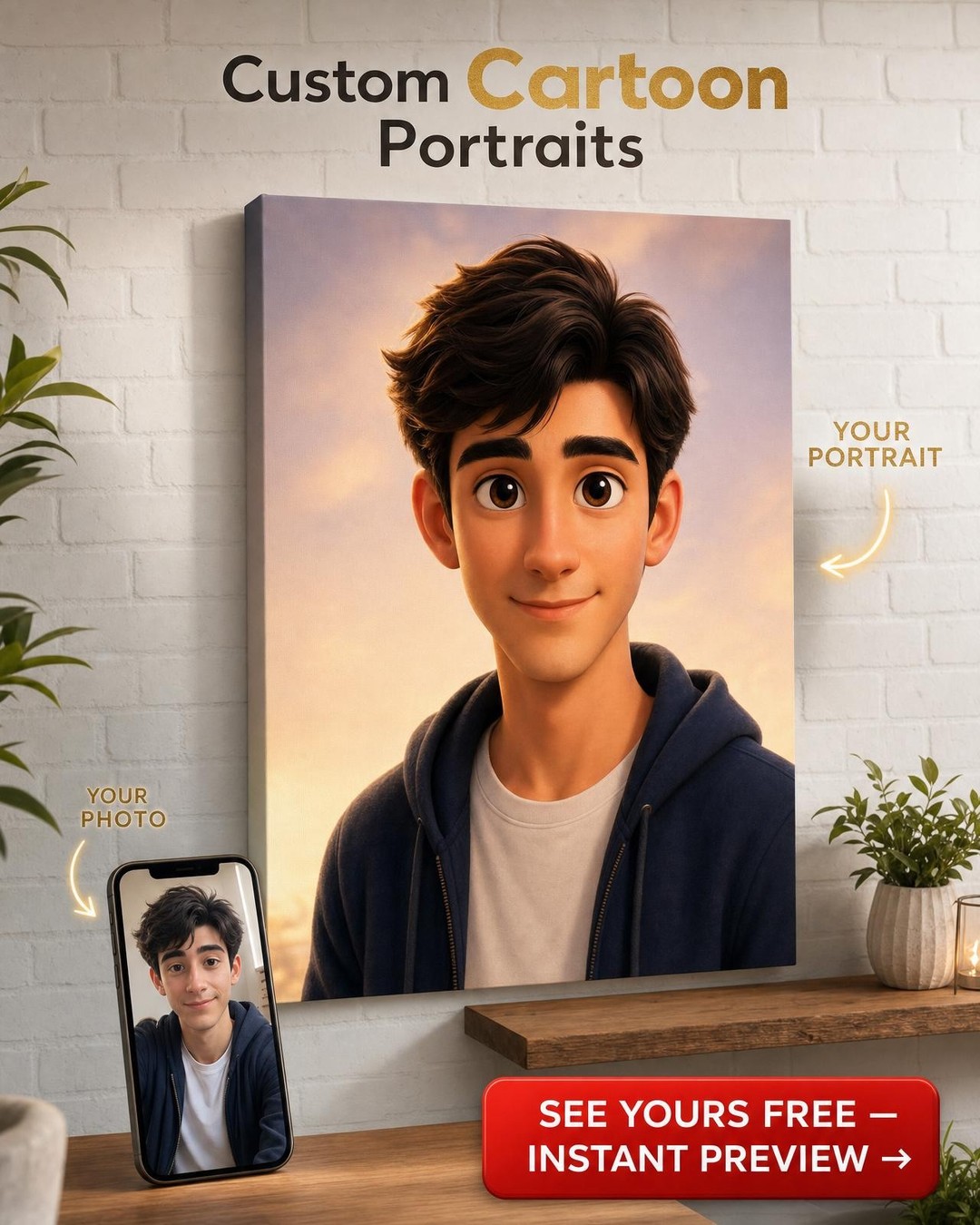 Custom Pixar Man Portrait — Whimsical Canvas from Photo
