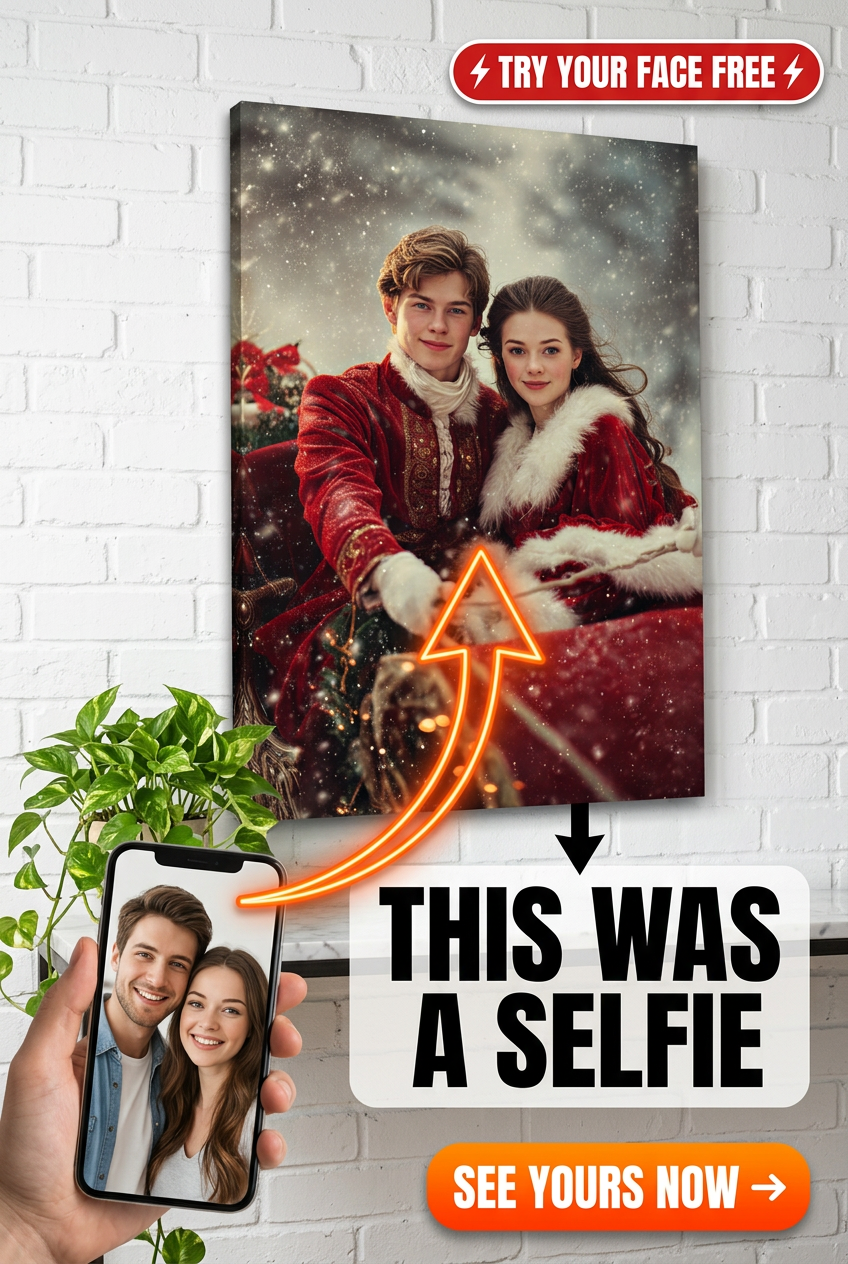 Custom Christmas Couple Portrait — Romantic Snow Scene Canvas