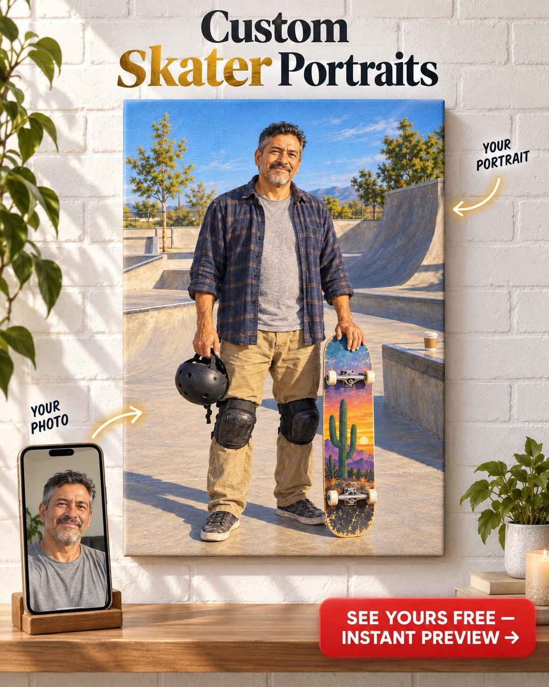 Sunday Session Skater Custom Portrait from Photo | Personalized Skateboarding Portrait Gift