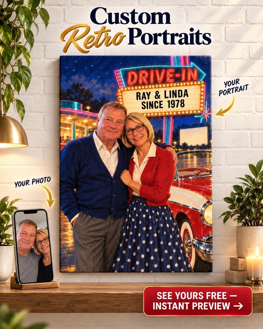 Drive-In Marquee Custom Portrait from Photo | Personalized Retro Romance Gift