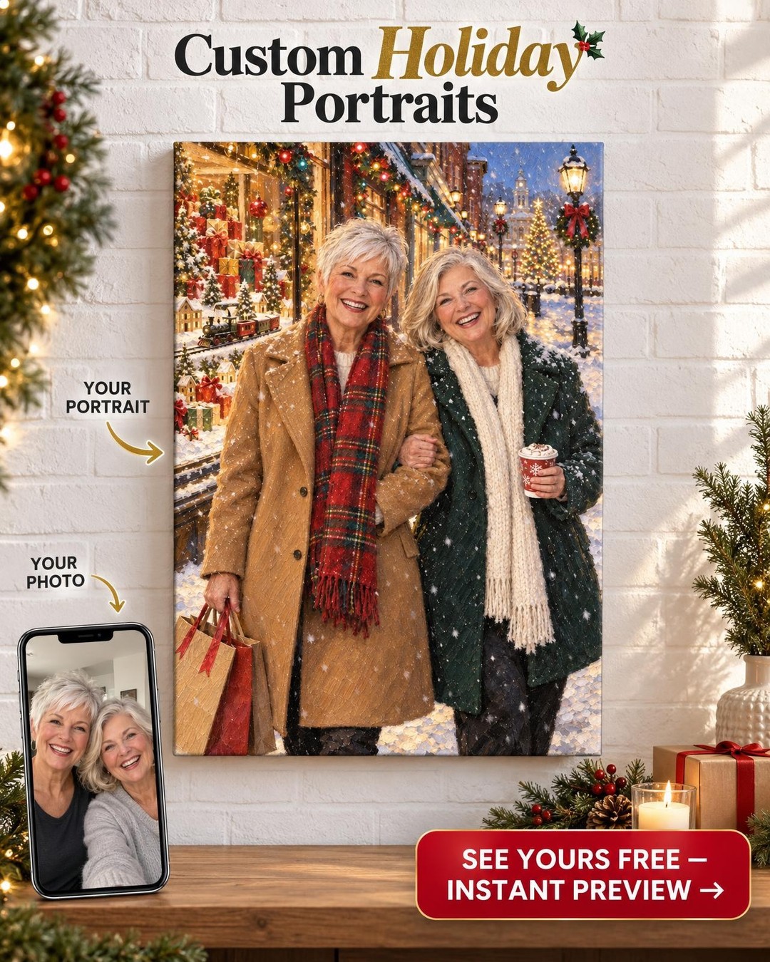 Our Christmas Shopping Day Best Friends Custom Portrait from Photo | Christmas Gift for Best Friend