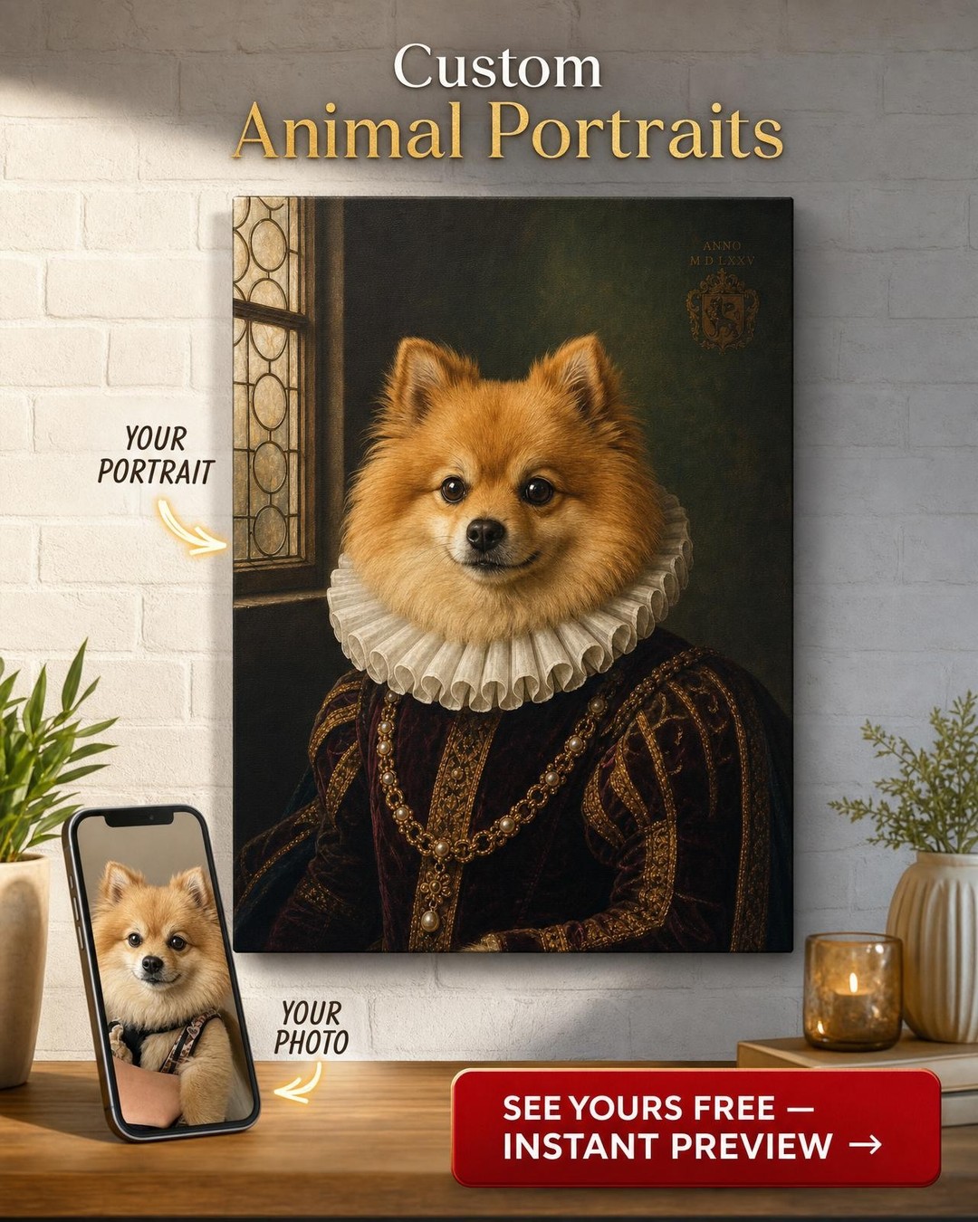 Custom Renaissance Dog Portrait — Whimsical Pet Canvas from Photo