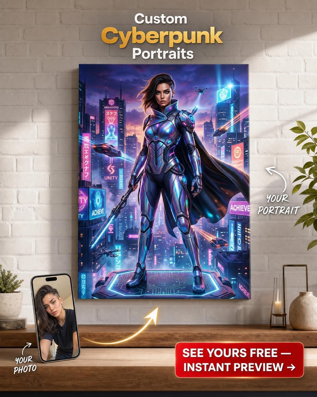 Custom Cyberpunk Single-Man Portrait — Heroic Neon Warrior Canvas